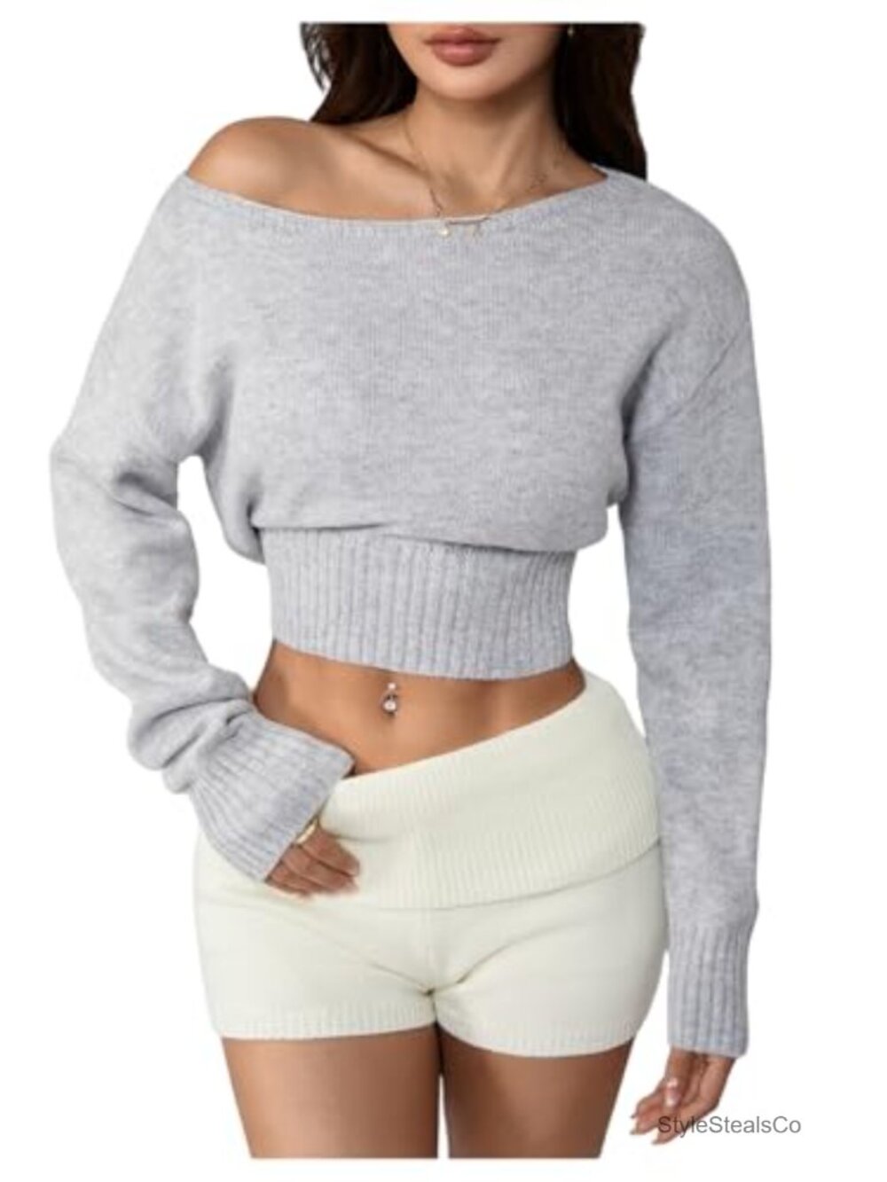 Women's Cropped Off Shoulder Sweater Long Sleeve Y2k Going Out Top